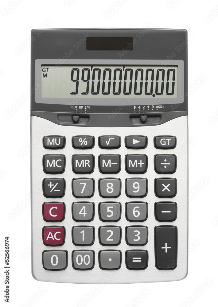 silver calculator for marketing or business investment and financial calculate and ninety nine number in display on white background isolated silver calculator for marketing or business investment and financial calculate and ninety nine number in display on white background isolated