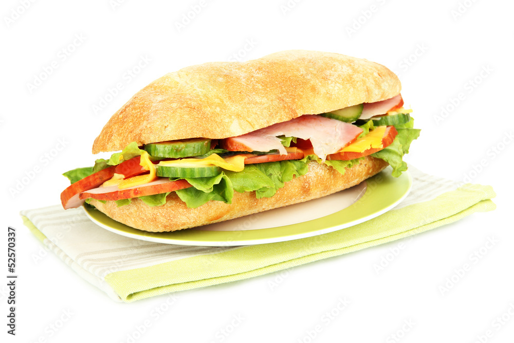 Fresh and tasty sandwich with ham and vegetables isolated Fresh and tasty sandwich with ham and vegetables isolated