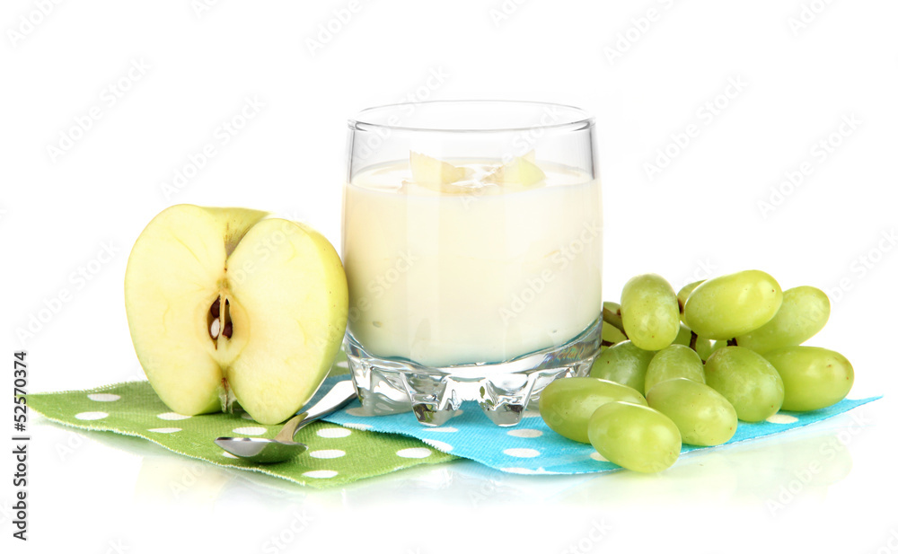 Delicious yogurt in glass with fruit isolated on white Delicious yogurt in glass with fruit isolated on white