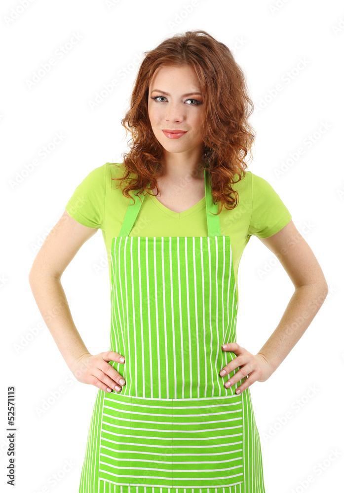 Young woman wearing kitchen apron, isolated on white Young woman wearing kitchen apron, isolated on white