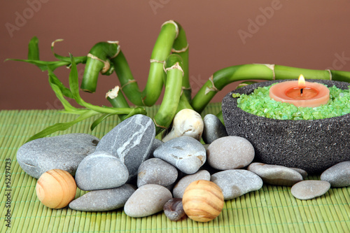 Still life with green bamboo plant and stones,