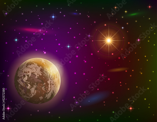 Space background with planet and sun