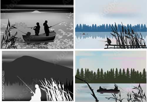 four compositions with fisherman silhouettes