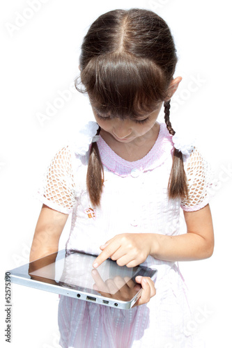 Girl with ipad like gadget isolated white background