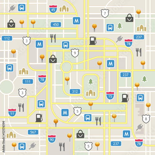 City map with navigation icons
