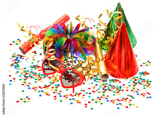 garlands, streamer, cracker, party glasses and confetti