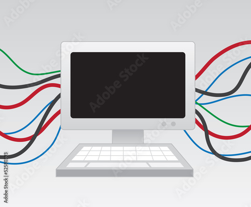 Computer with many wires coming from the back