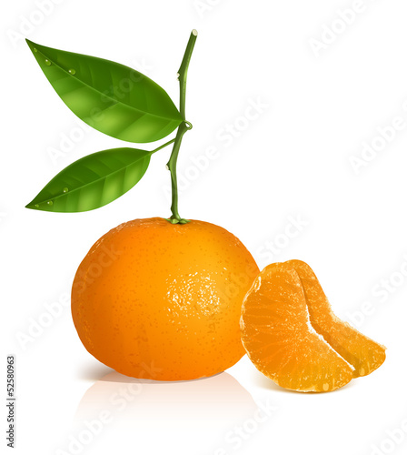 Fresh tangerine fruits with green leaves.