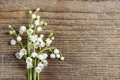 Lilly of the valley flowers on wooden background.
