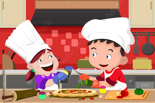 Kids making pizza in the kitchen