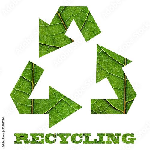 Recycling symbol with green leaf texture on it