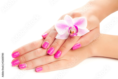 pink manicure with orchid flower. isolated