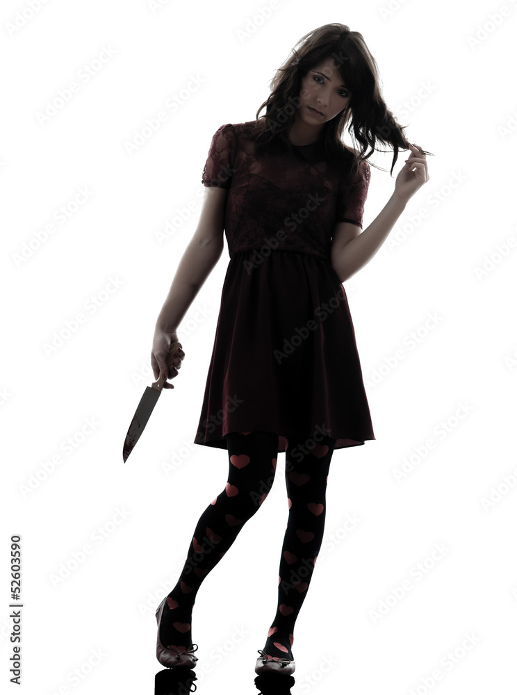 strange young woman killer holding bloody knife silhouette strange young woman killer holding bloody knife silhouette