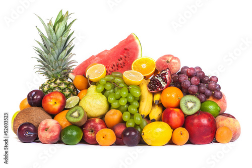 Huge group of fresh fruits isolated on a white background.