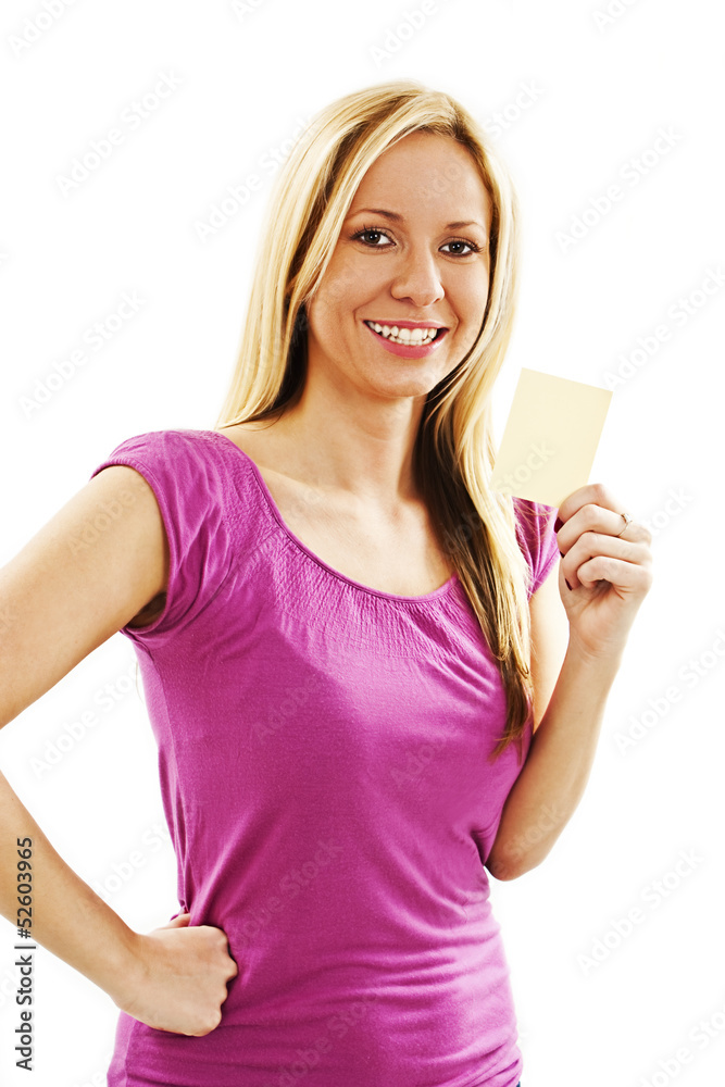 Gift card sign beautiful woman on white background Gift card sign beautiful woman on white background