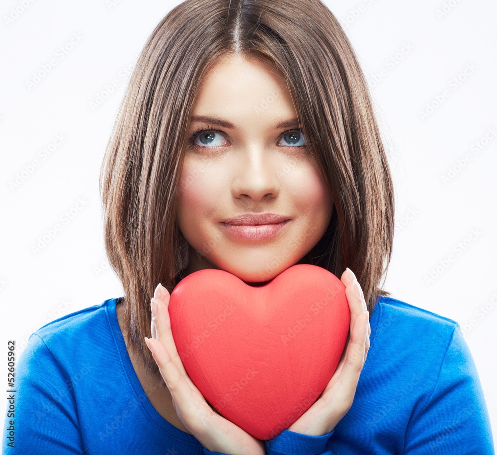 Smiling young woman hold red heart, Valentine day symbol. Girl Smiling young woman hold red heart, Valentine day symbol. Girl