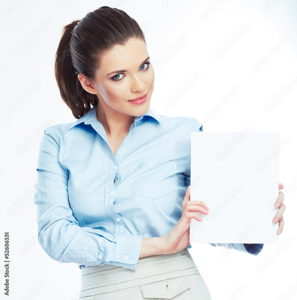 Business woman, blank board isolated portrait . Business woman, blank board isolated portrait .