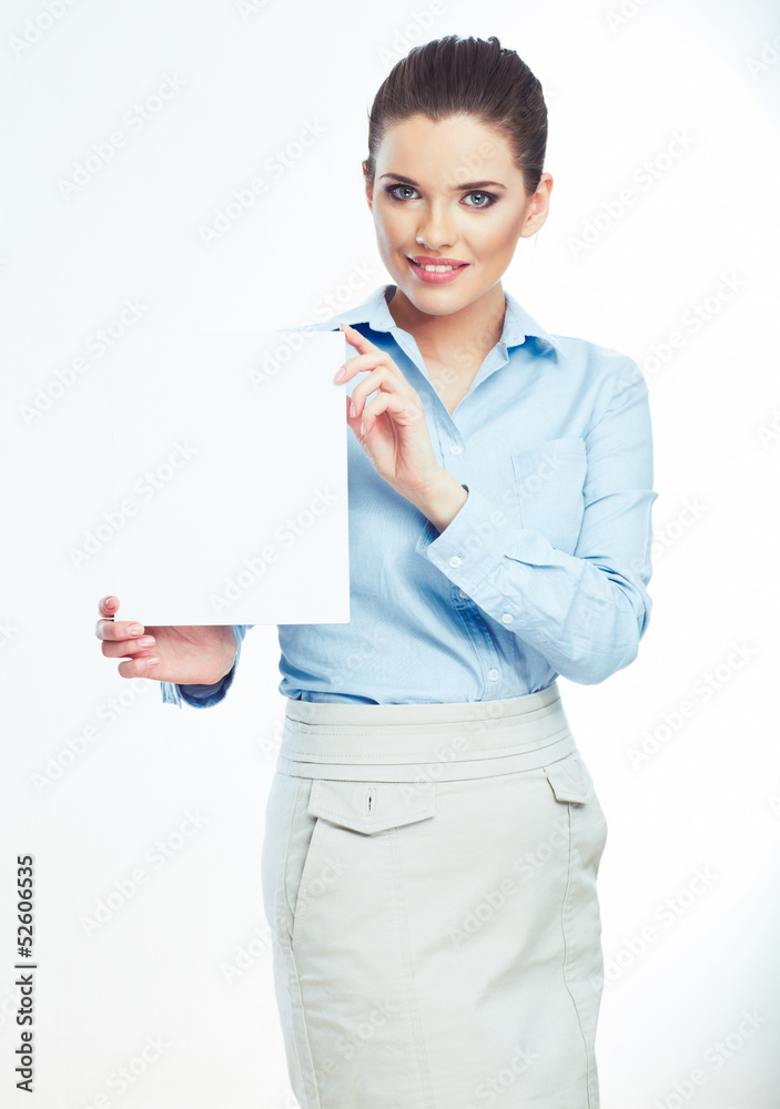 Woman hold white paper banner isolated over white background Woman hold white paper banner isolated over white background