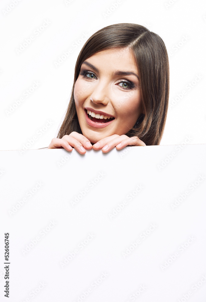 Portrait of smiling business woman hold blank board isolated on Portrait of smiling business woman hold blank board isolated on