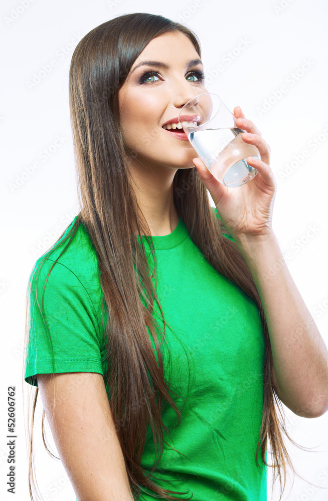White background isolated woman with water glass White background isolated woman with water glass
