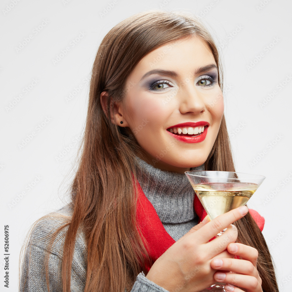 Smiling model with drink in glass isolated on white background Smiling model with drink in glass isolated on white background