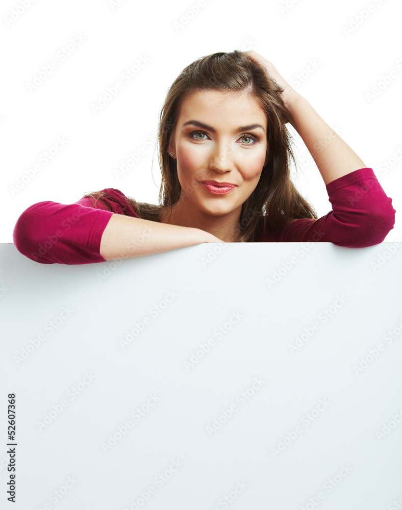 Smiling woman leaning on big blank board . Close up female face Smiling woman leaning on big blank board . Close up female face