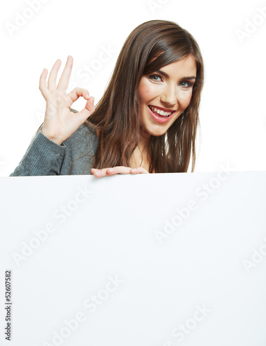 Teenager girl hold white blank paper.