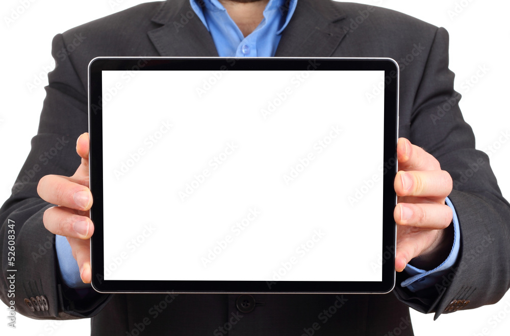 Businessman presenting your product in a digital tablet Businessman presenting your product in a digital tablet