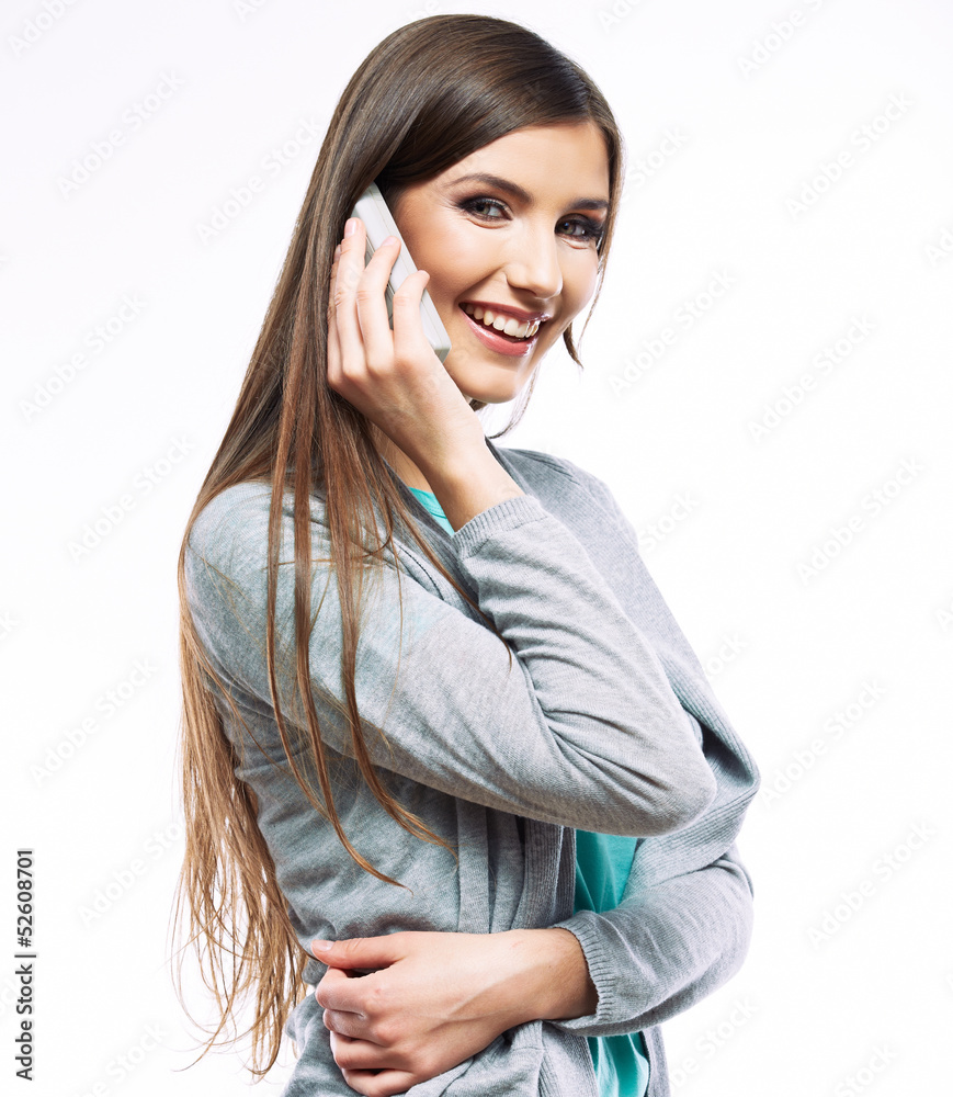 Woman phone talking portrait. White background isolated. Woman phone talking portrait. White background isolated.