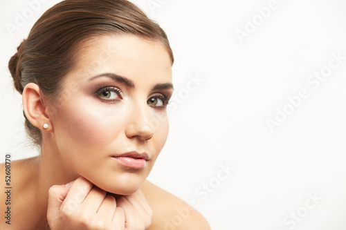  Isolated woman face on white background.