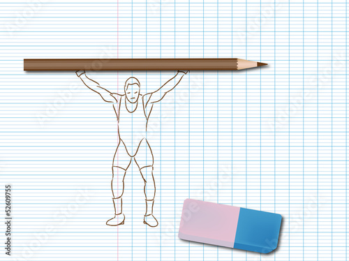 Dessin de sport sur cahier d'école : haltérophile