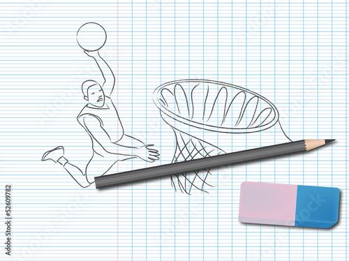 Dessin de sport sur cahier d'école : basket