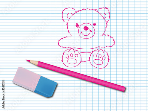 Dessin au crayon sur un cahier : ourson