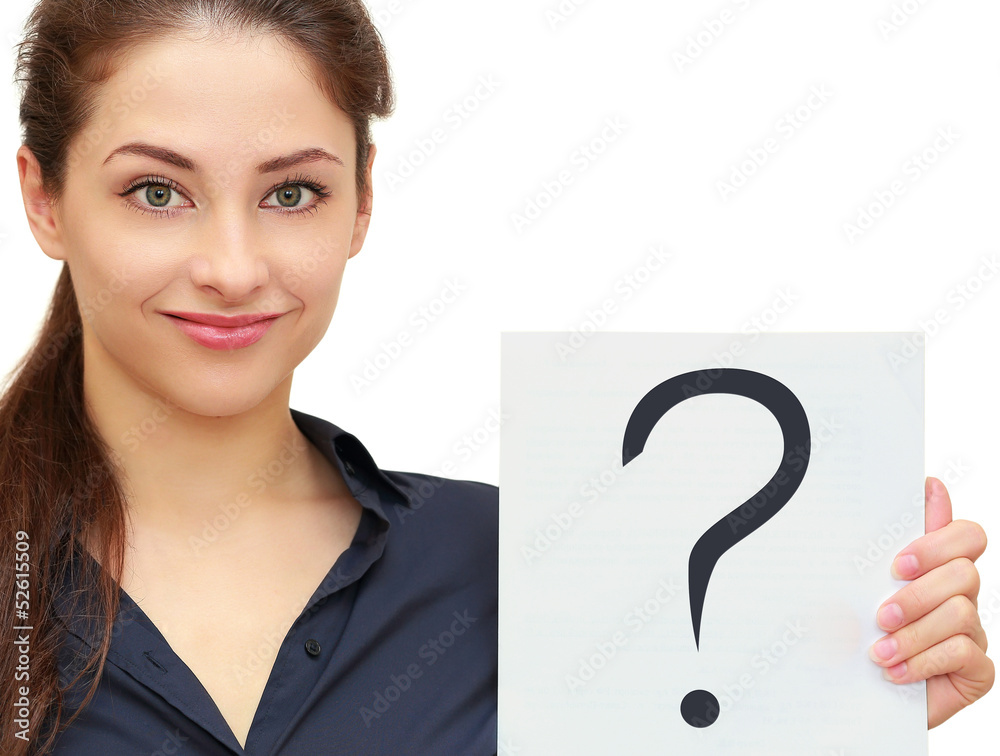 Business woman holding banner with question sign isolated on whi Business woman holding banner with question sign isolated on whi
