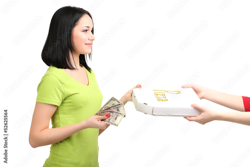 Beautiful girl gets order pizza isolated on white Beautiful girl gets order pizza isolated on white