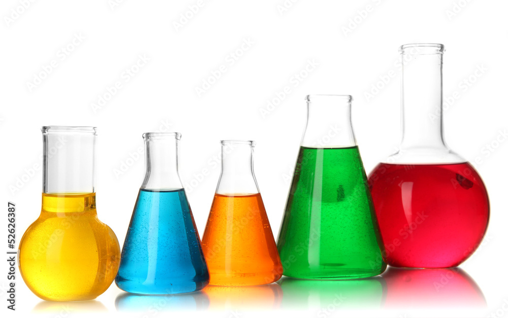 Test tubes with colorful liquids isolated on white Test tubes with colorful liquids isolated on white
