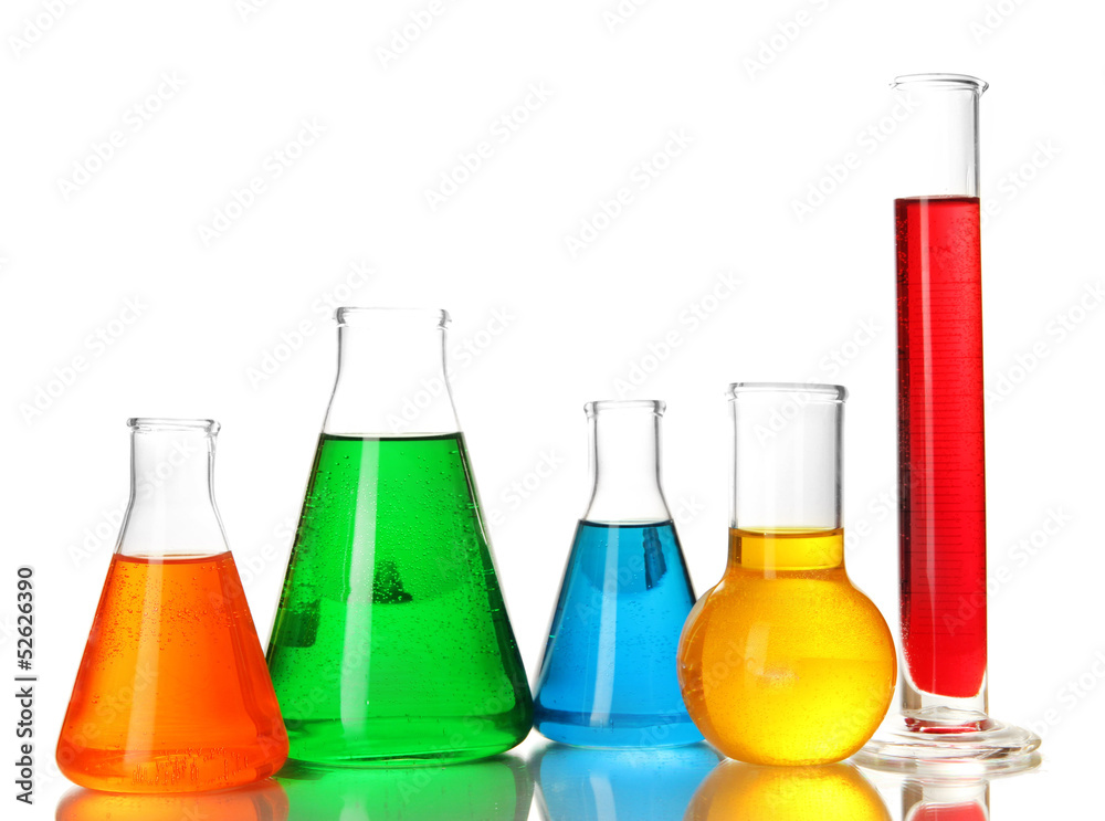 Test tubes with colorful liquids isolated on white Test tubes with colorful liquids isolated on white