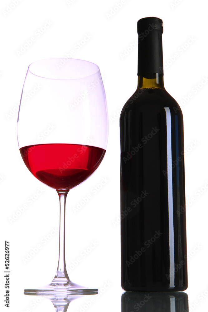 Glass of wine with bottle isolated on white Glass of wine with bottle isolated on white