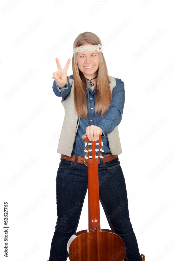 Pretty girl with hippie clothes and a guitar Pretty girl with hippie clothes and a guitar