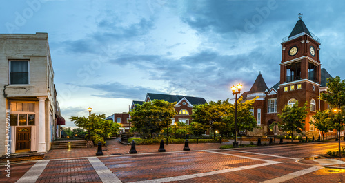 Panoramic view of town square in Dallas, Georgia, after sunset