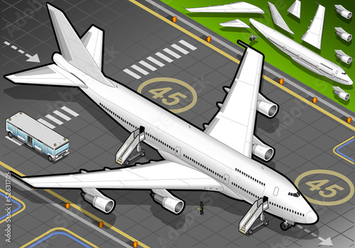 Isometric White Airplane Landed in Front View