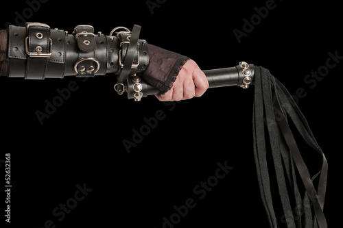 Hand in Leather Cuffs with Lash on Black