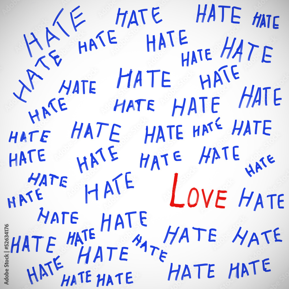 The word "love" in surrounded by the words "hate". Stock Illustration