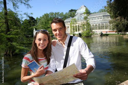 Tourists in Madrid Retiro Park by the Palacio de Cristal