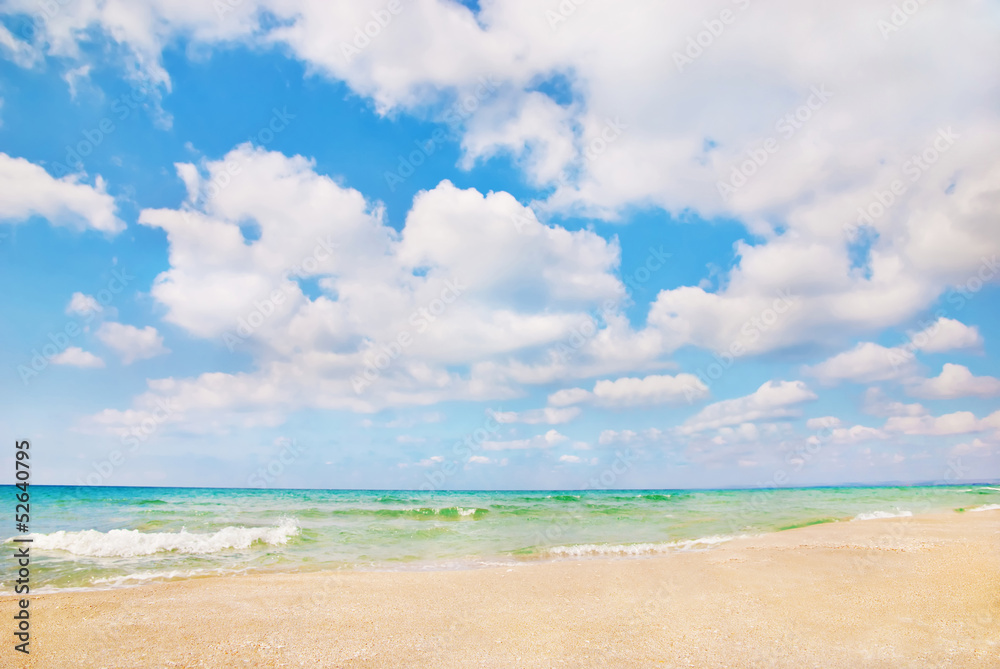 Beautiful panorama of sea beach with waves and blue cloudy sky