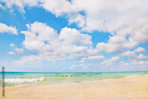 Beautiful panorama of sea beach with waves and blue cloudy sky © EMrpize