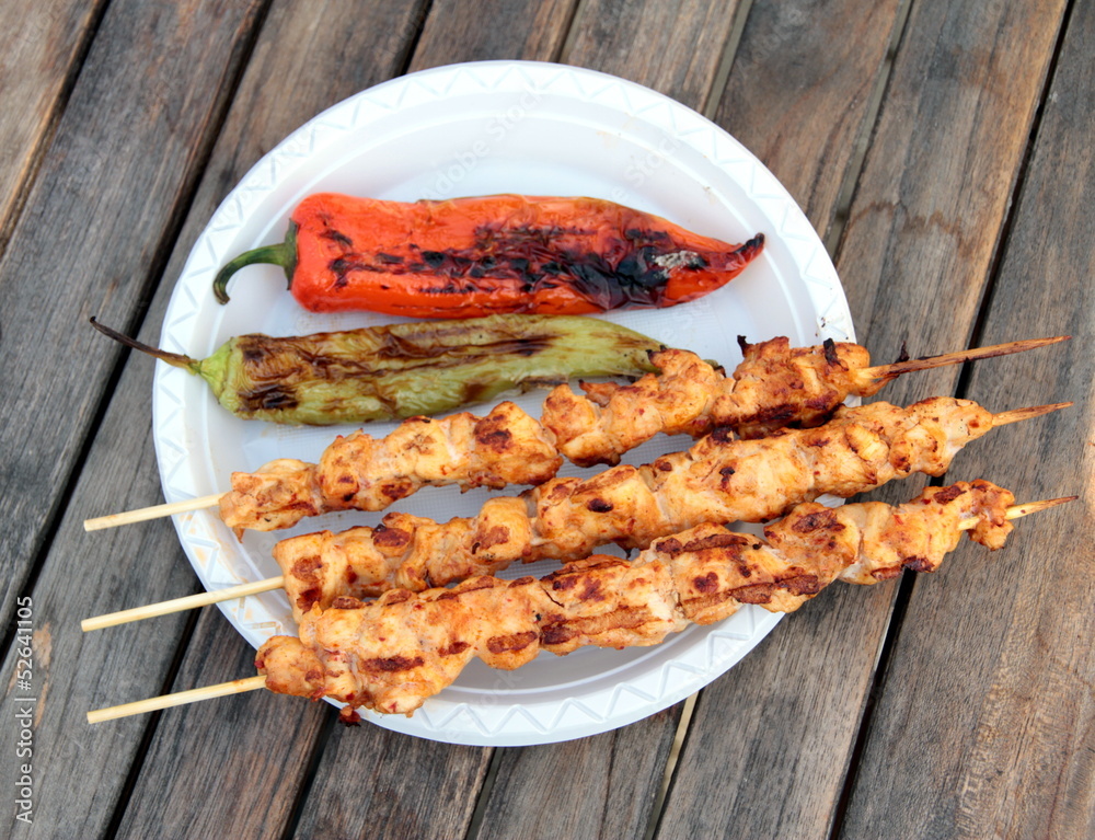 Shish kebab with grilled red and green peppers l.