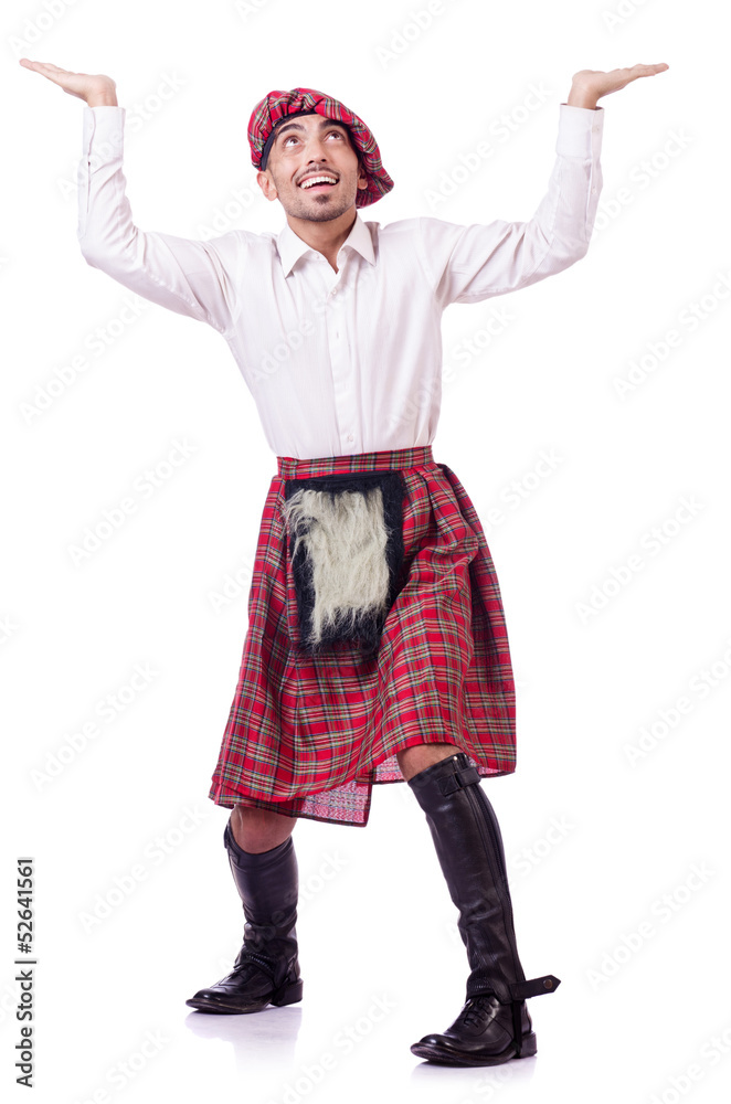 Scottish man pushing virtual obstacle Scottish man pushing virtual obstacle