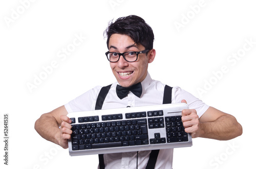 Nerd hacker with computer keyboard on white