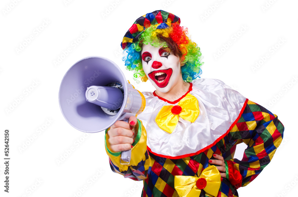 Clown with loudspeaker on white Clown with loudspeaker on white
